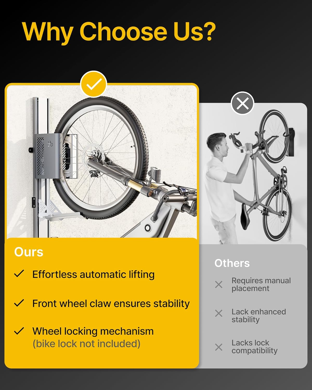 monTEK Automatic Lift EBike Rack – Fits 24-29" Tires, Heavy-Duty Vertical Wall Rack for Bicycles (Up to 71 lbs) - Effortless Lifting, Easy Install - Space-Saving Storage for Garage, Shed, SG