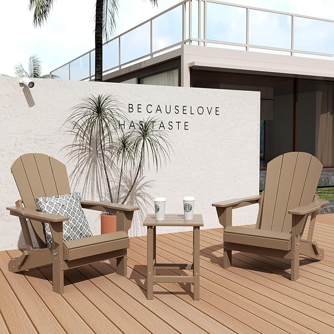 WO Home Furniture Adirondack Chair Table Set of 2 PCS Outdoor Folding Chair w Side Table Weather/UV Resistant for Lawn, Garden, Bon Fire, Balcony (Weathered Wood)
