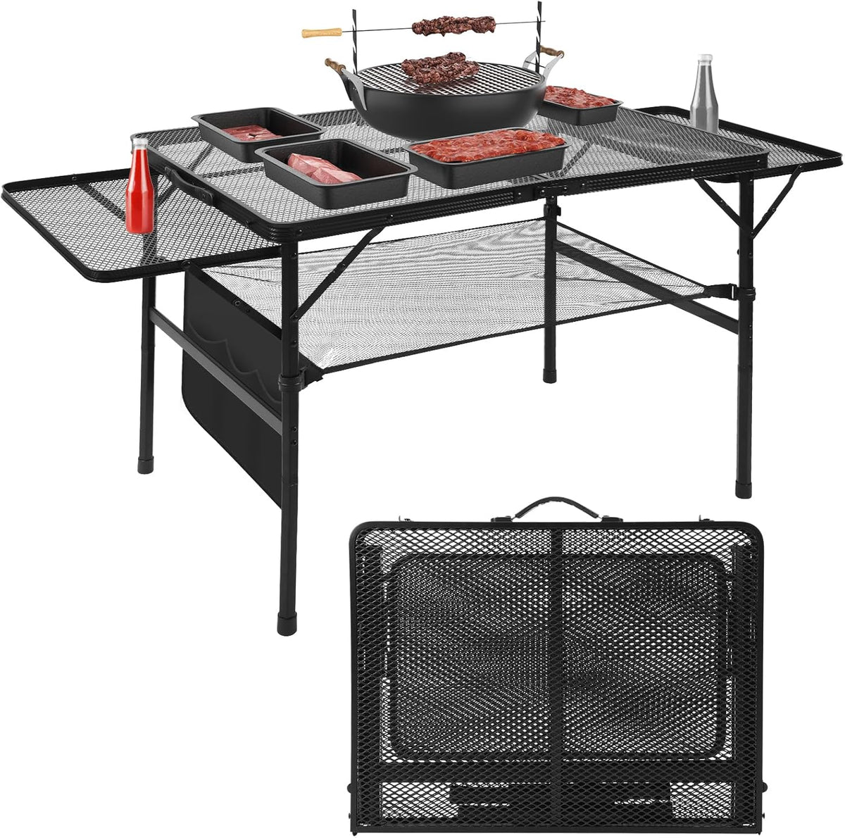 Folding Grill 4.4 FT Portable Camping Table with 2 Wing Panels, Height Adjustable Metal Outdoor Table with Mesh Desktop and Mesh Bag, Picnic, Beach and BBQ, Party, Black