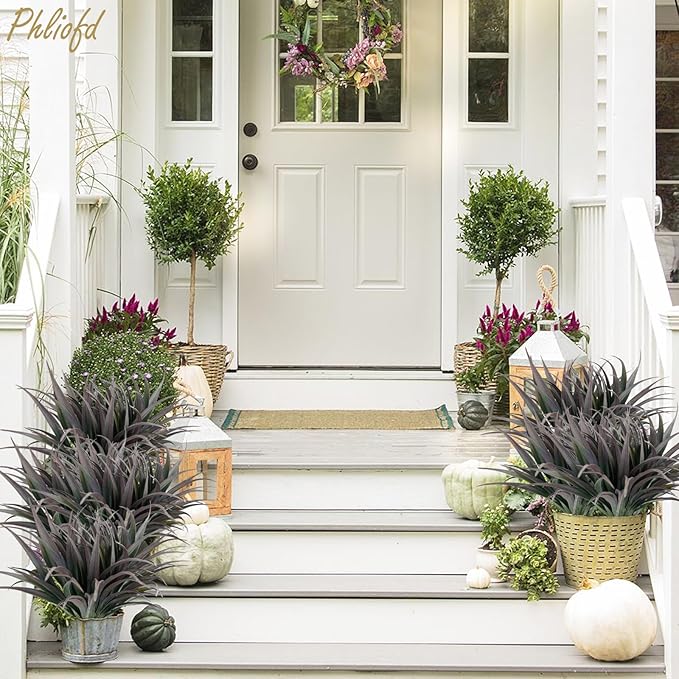 6Pcs Artificial Grass Fake Plants 17.3in Outdoor Plants UV Resistant Faux Greenery Stems Fake Grass for Home Window Garden Office Patio Pathway Front Porch Halloween Décor Green & Black