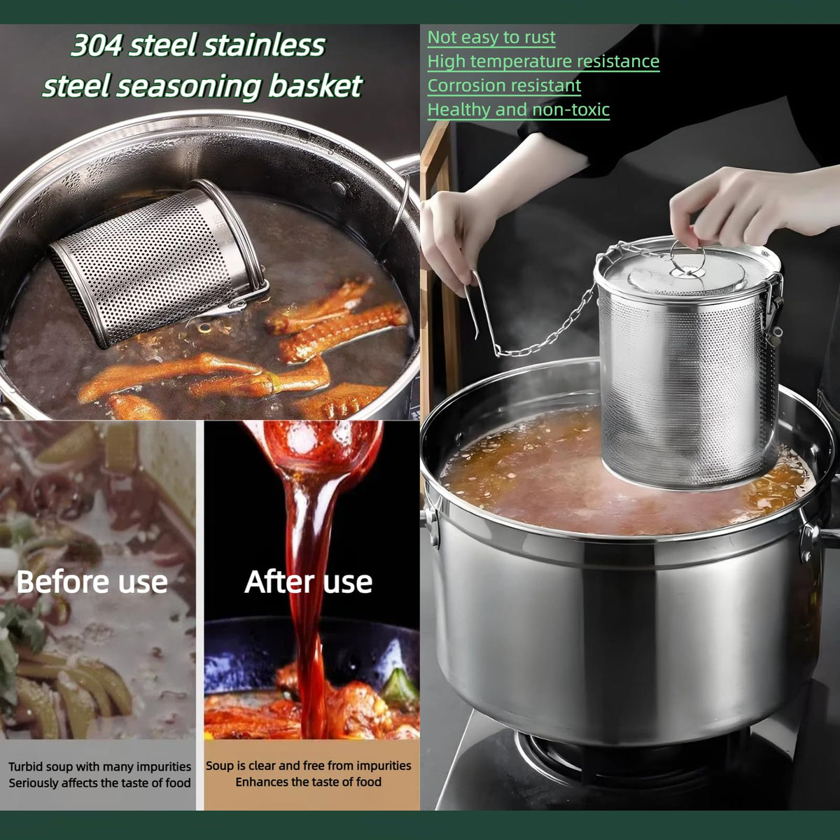 Vexillaris Stainless Steel Spice Infusion Basket, Large Cooking Spice Strainer, Mesh Design Strainer Soup Separator Basket with Chain Hook, Suitable for Home Kitchens (3.2L)