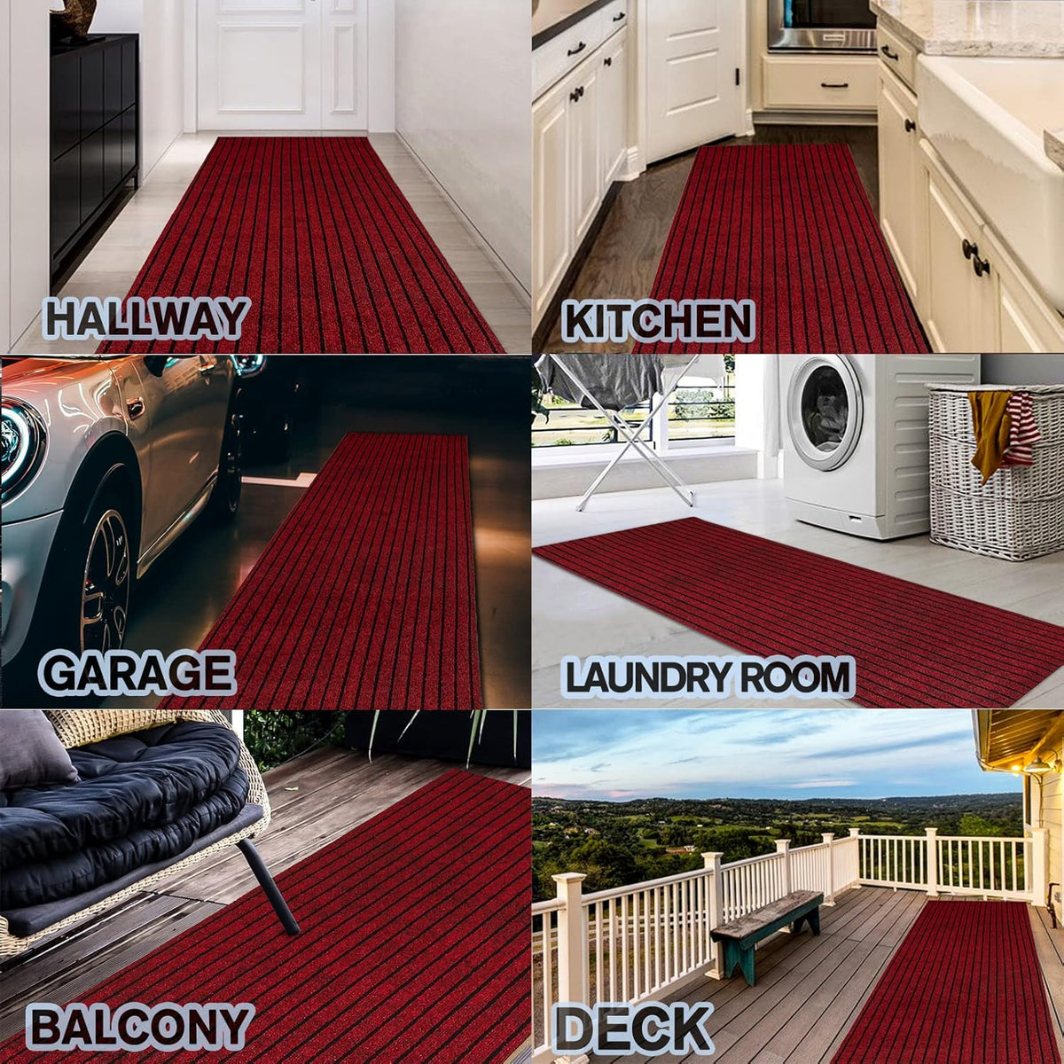 Custom Size Backed Non-Slip Area Rugs Runner, Easy Clean, Waterproof Runner Rugs for Hallway Entryway, Kitchen, Laundry, 2FT x 12FT, Red Stripe