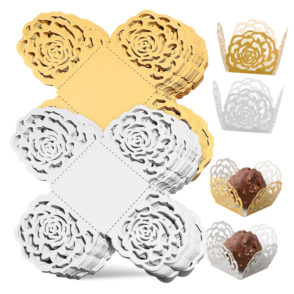 OHPHCALL 100pcs Hollow Rose Flower Truffle Cups Elegant Chocolate Wrappers for Weddings Parties Decorative Dessert Liners Food-grade Material