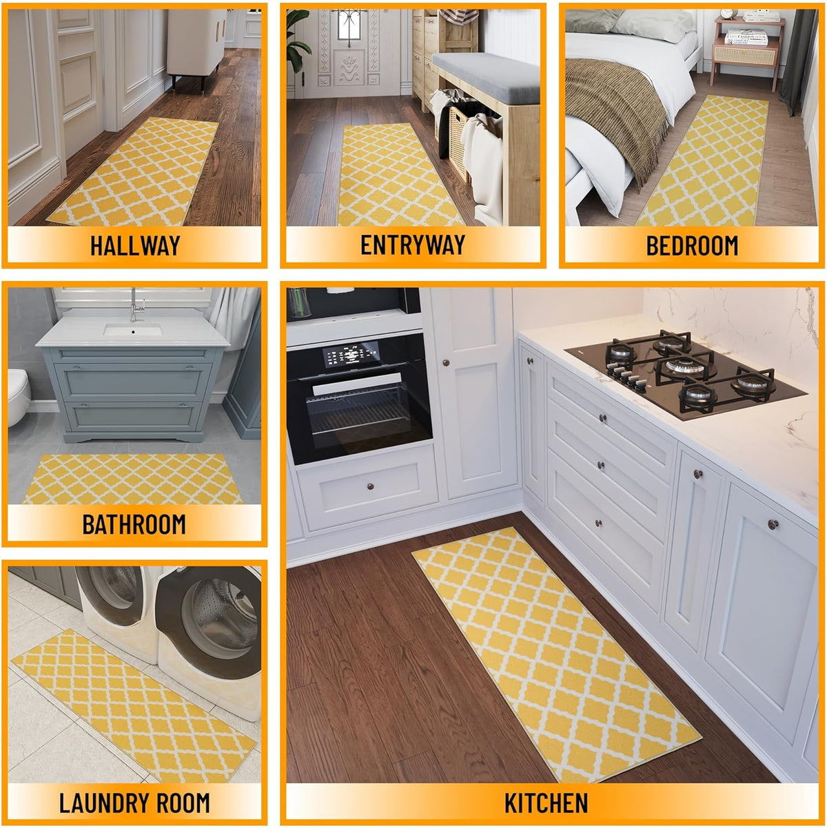 Ottomanson Hallway Runner Rug 20" x 59" Non Slip Trellis Area Rugs Easy to Clean Laundry Rug Runner Durable & Pet Friendly Floor Carpet Runners for Hallways Entryway Living Room Kitchen, Yellow