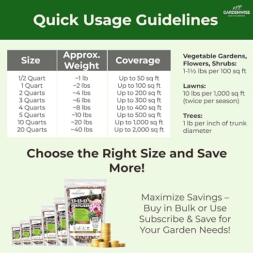 13-13-13 Slow Release Granular Fertilizer – All Purpose Plant Food 13 13 13 for Outdoor Grass, Vegetables, Roses, Flowers, Shrubs, Trees. Lawns, Gardens, Potted Plants (1 Quart)