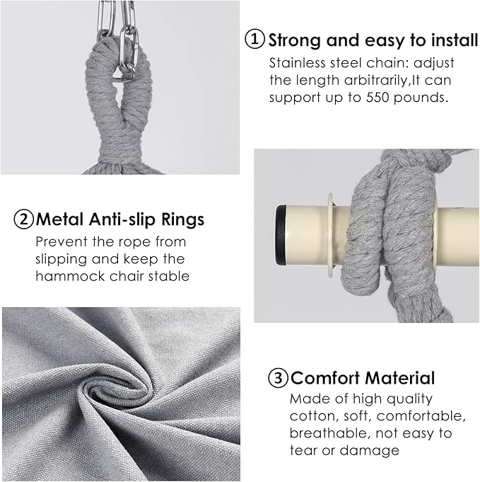 Y- STOP Hammock Chair Hanging Rope Swing, Max 500 Lbs, 2 Cushions Included, Large Macrame Hanging Chair with Pocket for Superior Comfort, with Hardware Kit (Light Grey)