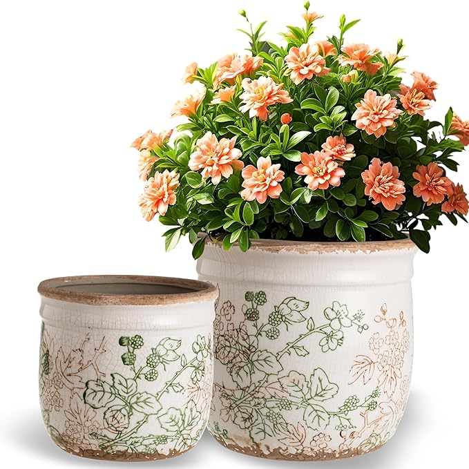 Set of 2 Ceramic Planters for Indoor Plants, 4.7+5.7 Inch Vintage Pots without Drainage Hole , Pastoral Rustic Planter Set, Decorative Ceramic Plant Pots for Flower, Indoor Planter Pots for Home Decor