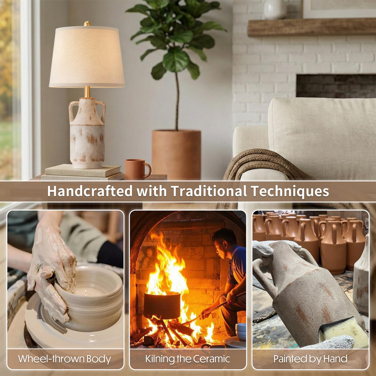 Lovlast Ceramic Table Lamp for Living Room, 26" Rustic Farmhouse Lamp