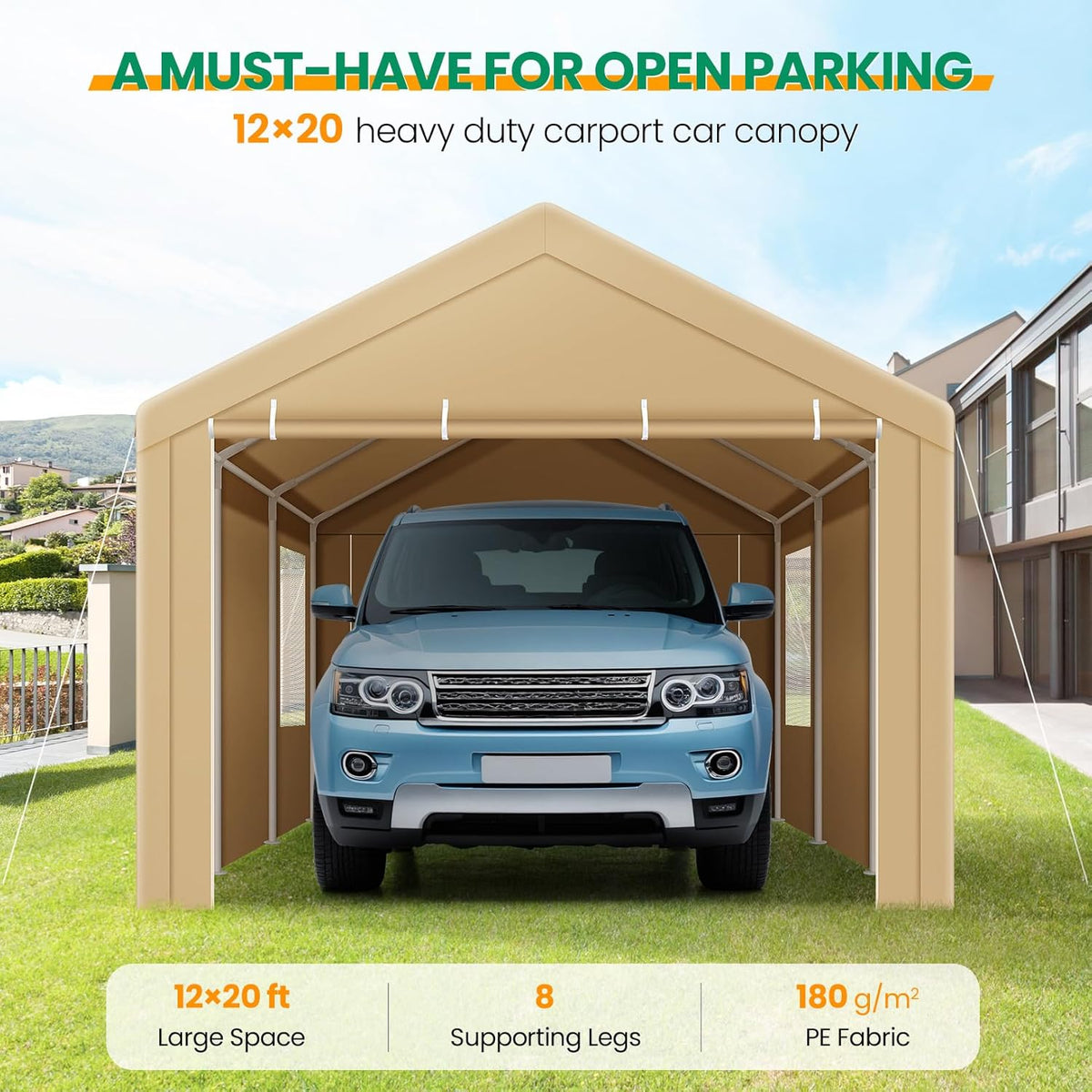 COBIZI Carport Canopy 12x20 Heavy Duty Portable Garage with Roll-Up Ventilation Windows & Doors, Removable Sidewalls Car Canopy Tent Waterproof with Built-in Sandbags for Cars, Boats, Trucks, Khaki