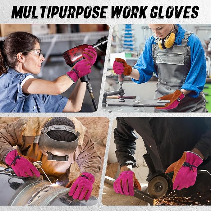 HLDD HANDLANDY Leather Work Gloves for Men & Women, Adjustable Wrist Cowhide Gardening Glove with Reinforced Palm for Driver