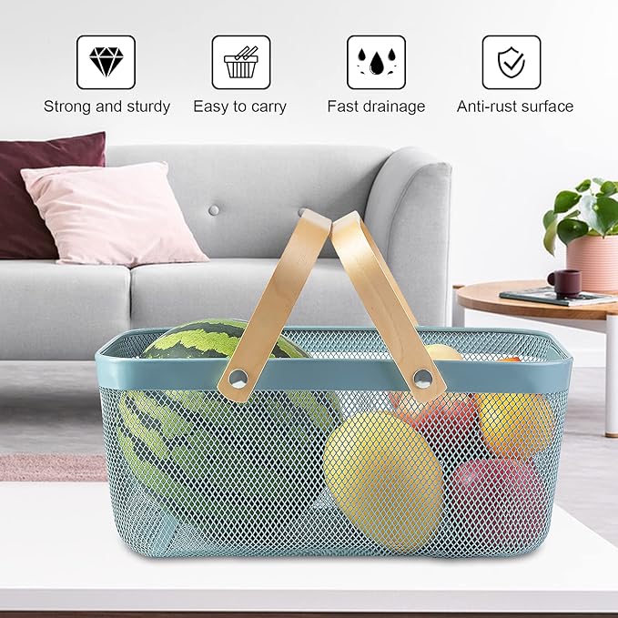 Portable Garden Harvest Basket-Mesh Design Natural Bamboo Handle Wire Storage Baskets,Mesh Basket with Handle Organize Items Reduce Space Occupation,Suitable for Kitchen,Garden,Picnic(Blue)