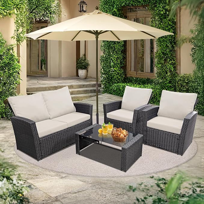 4 Piece Outdoor Patio Furniture Set,Wicker Conversation Sets Outdoor Sectional Patio Sofa Couch with Cushions & Coffee Table for Outside, Garden, Balcony, Porch,Black/Beige