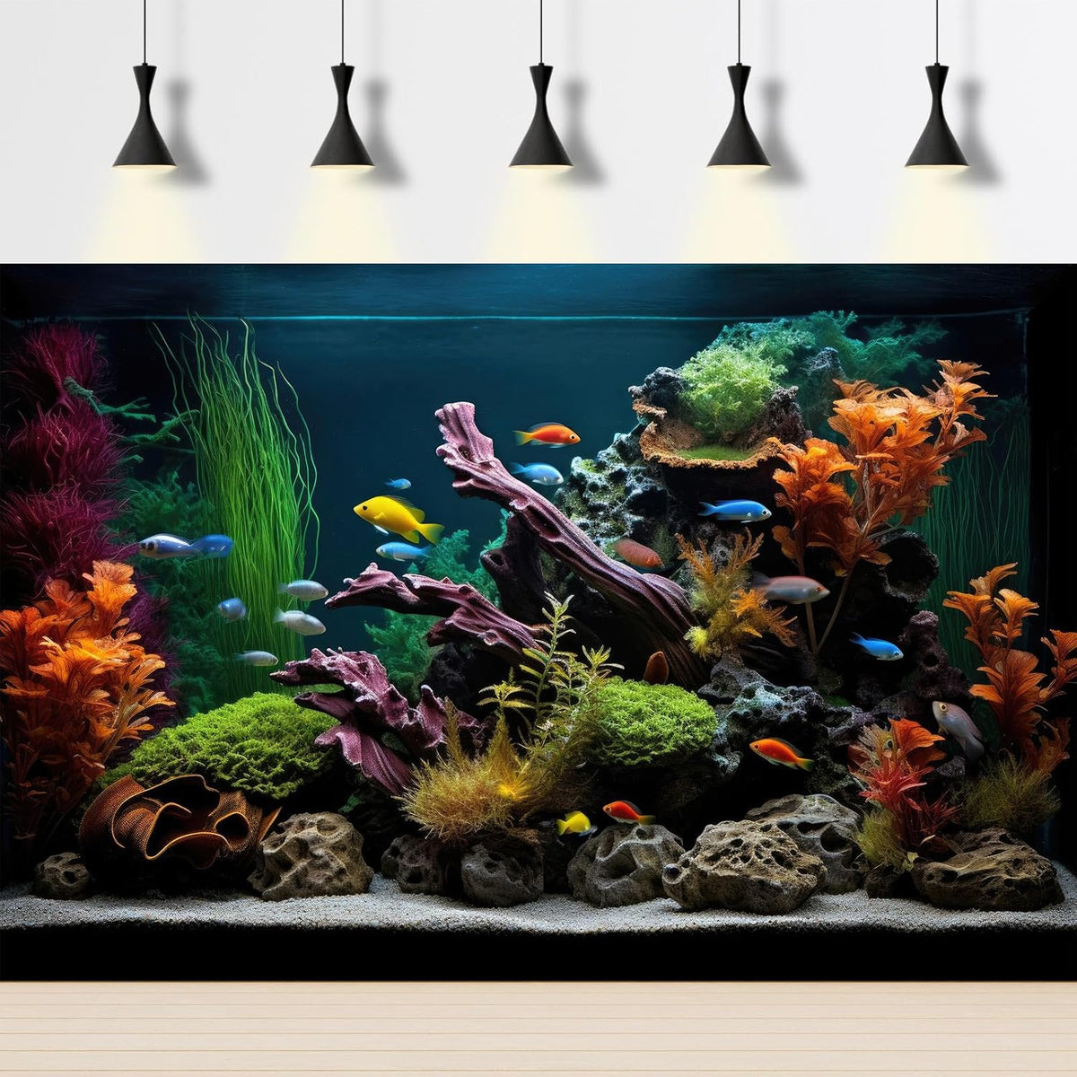 Aquarium Background Lush Aquatic Colorful Plants Terrarium Background Redwood Root Coral Reef Jungle Style Fish Tank Background Amazing Underwater View Aquarium Backdrop Wallpaper Poster Vinyl 36x20in