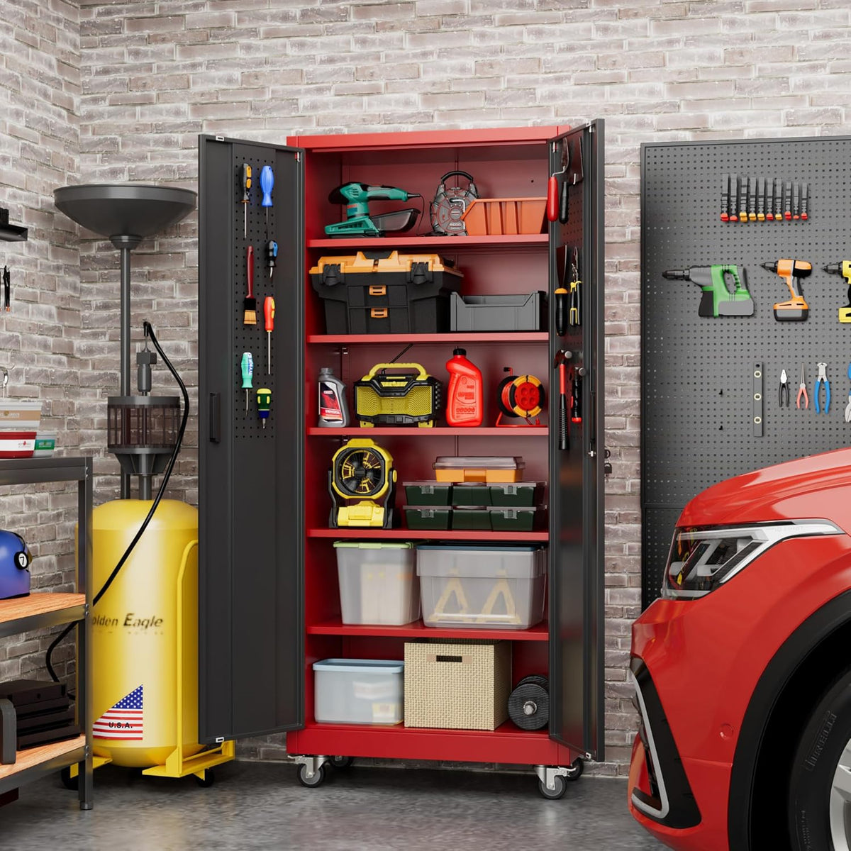 71" H×32" W×16" D Garage Storage Cabinet with Wheels, Locking Metal Storage Cabinet with 5 Adjustable Shelves, 4 Hooks and Pegboard for Garage, Home Office, Kitchen, Black and Red