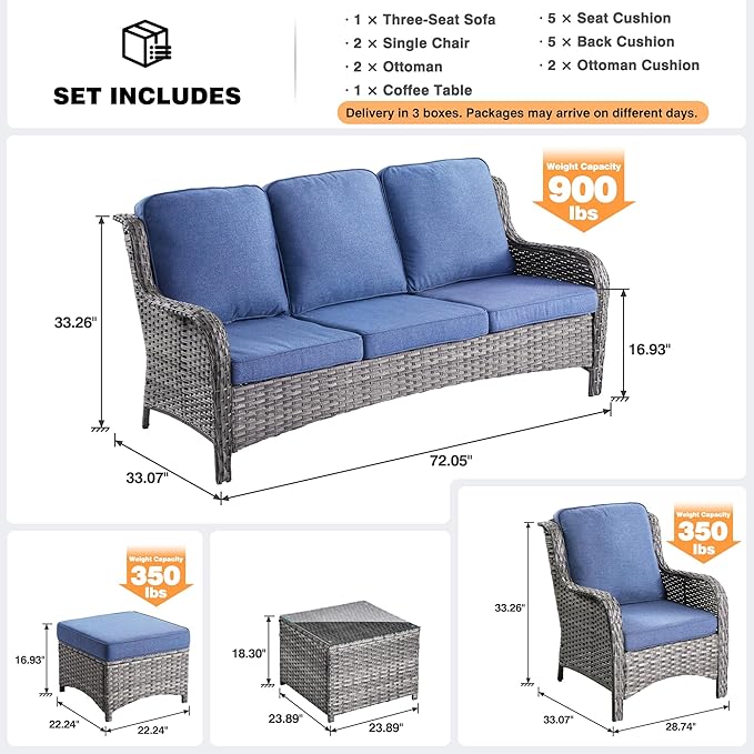 ovios 6 Pieces Patio Furniture Set, Outdoor Wicker Sofas with Glass Coffee Table and Comfy Cushions, All Weather High Back Couch Set for Deck Porch, Grey Rattan, Denim Blue