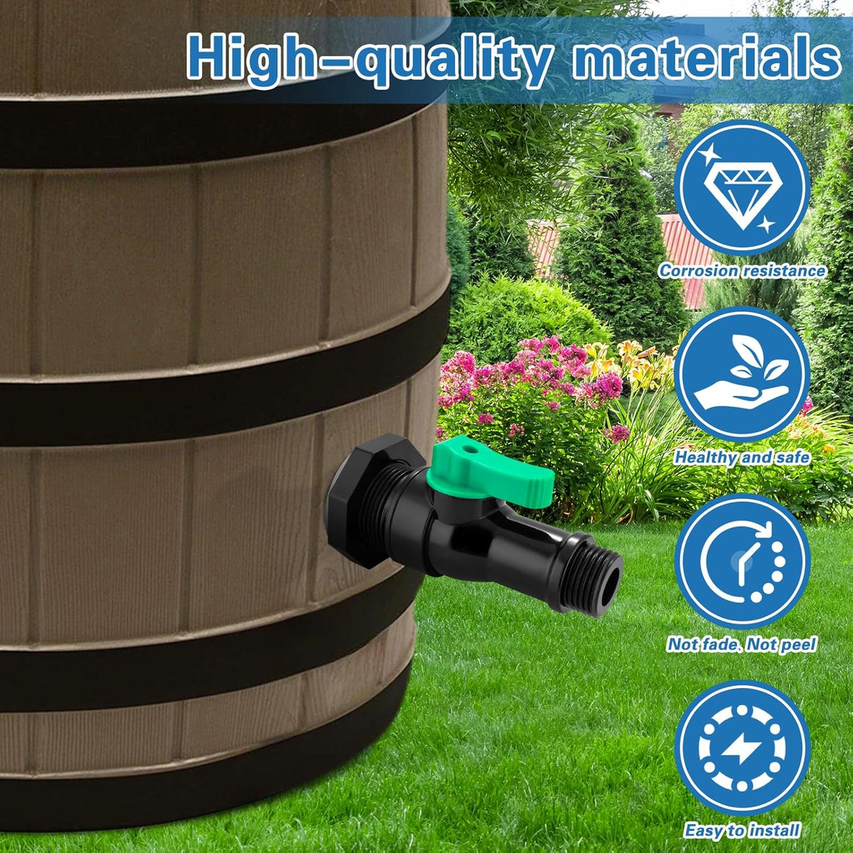 Plastics Rain Barrel Spigot Kit,High Flow Valve Core Water Tank Faucet+PVC Bulkhead Fitting,Straight Head 3/4 NPT to 3/4 GHT Rain Barrel Spigot for Plastic Bucket rainwater Drum Container
