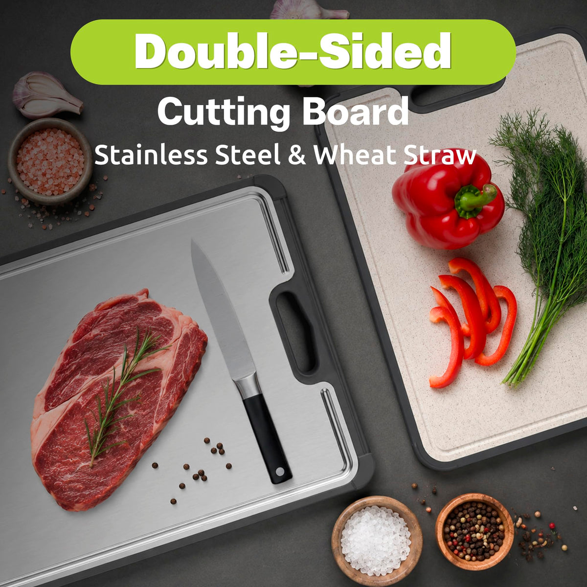 LAVESKA Stainless Steel Cutting Board, Non Toxic Chopping Board for Kitchen | Metal Cutting Board, Double Sided Stainless Steel/Wheat Straw PP Large for Meat, Dishwasher Safe