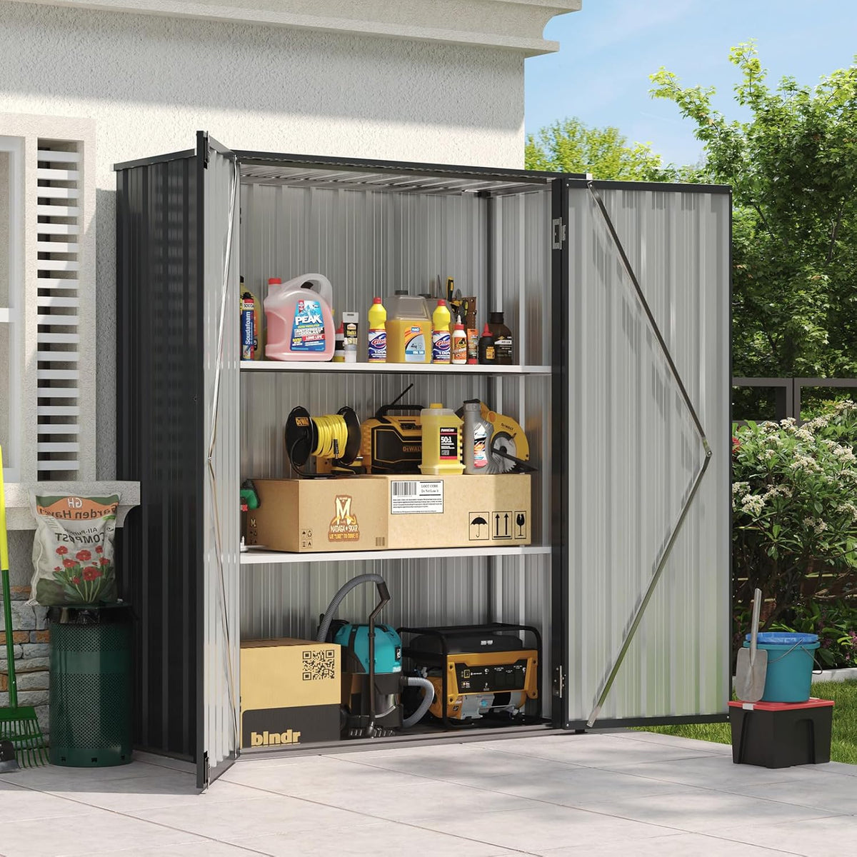 Aoxun 55x19 in Outdoor Storage Cabinet Metal Garden Shed with 2 Adjustable Shelves 3 Layer Indoor& Outdoor Waterproof Vertical Storage Shed for Patio Garden, Garage, Porch (Black, 40 Cu.Ft)