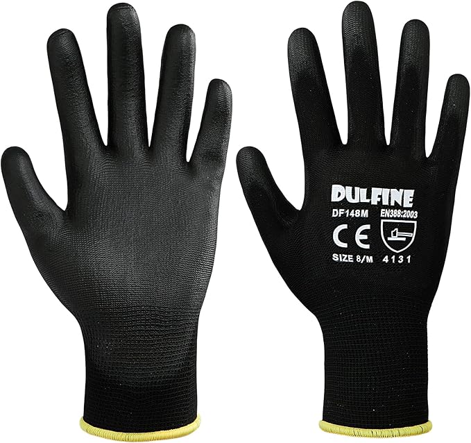 DULFINE Ultra-Thin PU Coated Work Gloves-12 Pairs,Excellent Grip,Nylon Shell Black Polyurethane Coated Safety Work Gloves, Knit Wrist Cuff,Ideal for Light Duty Work. (Extra Large)