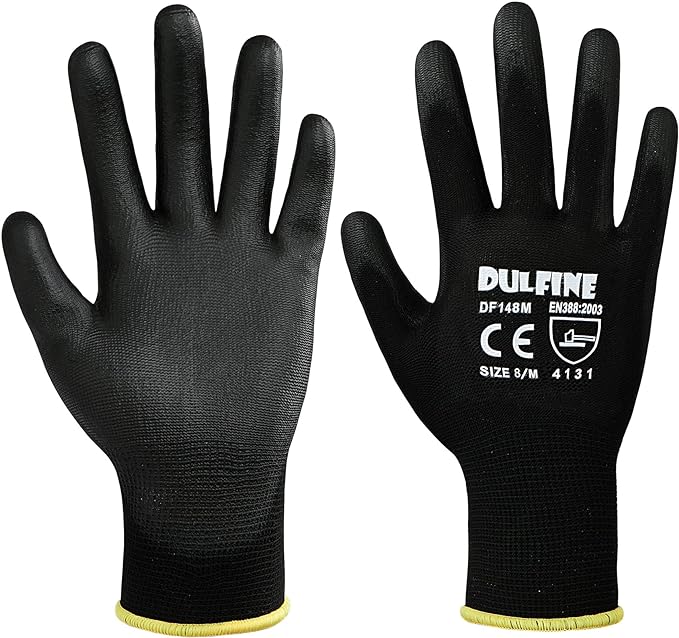 DULFINE Ultra-Thin PU Coated Work Gloves-12 Pairs,Excellent Grip,Nylon Shell Black Polyurethane Coated Safety Work Gloves, Knit Wrist Cuff,Ideal for Light Duty Work. (Small)