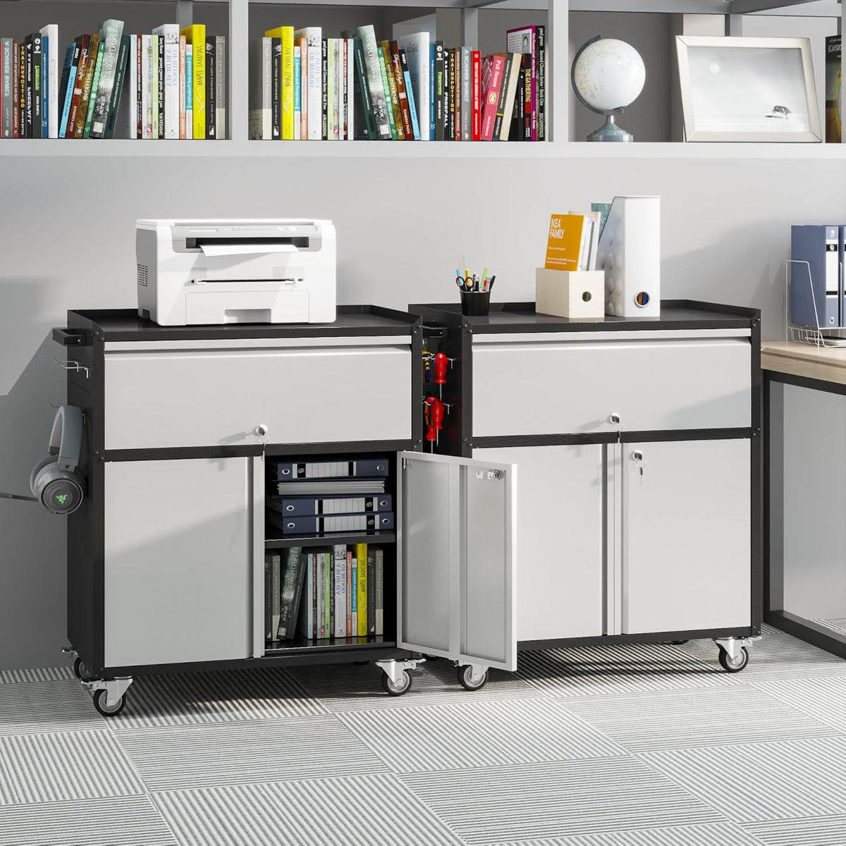 Metal Storage Cabinet on Wheels with 1 Drawer, Rolling Steel Garage Tools Cabinet with Side Pegboard &4 Hooks & 1 Adjustable Shelf for Garage,Shop,Home,Gray/Black, Assembly Required