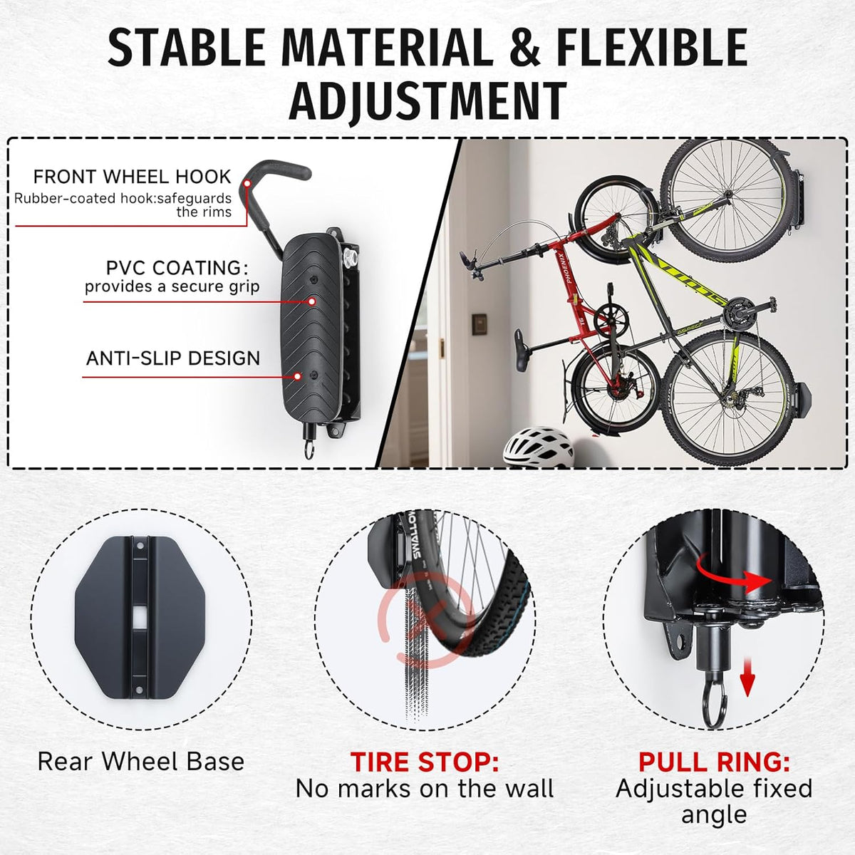 Bike Rack Garage,Bike Wall Mount, 150° Swivel & Space-Saving Vertical Bike Hangers for Storage, Sturdy Bike Stand Holds Up to 66lbs, Easy to Install, 2 Pack