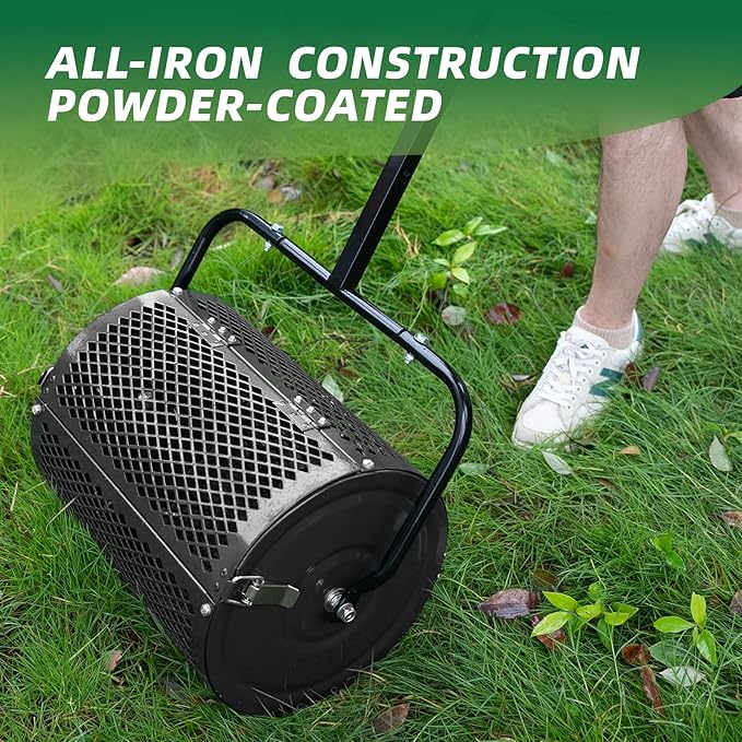 Heavy-Duty Compost Spreader for Lawn,Peat Moss Spreader,Fertilizer Spreader Roller with Adjustable Handle,Manure Spreaders for for Lawn Top Dressing,Seedling,Top Soil,Heavy Duty Metal Mesh Lawn Roller