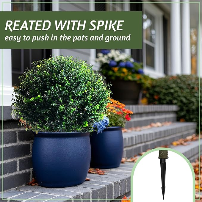 Yunlly 2 Pcs 18 Inch Artificial Boxwood Ball Topiary Tree Fake Outdoor Plants Bush, UV Resistance Faux Shrubs with Spike Realistic Greenery Potted for Indoor Garden Yard Porch Patio Decor (Dark Green)