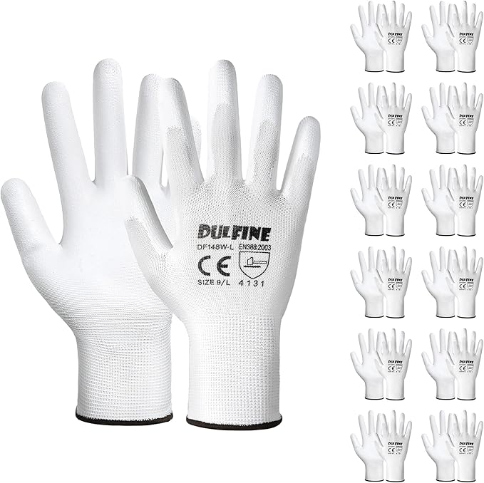 Safety Work Gloves PU Coated-12 Pairs,White Seamless Knit Glove with Polyurethane Coated Smooth Grip on Palm & Fingers, for Men and Women, Ideal for General Duty Work (X-Large)