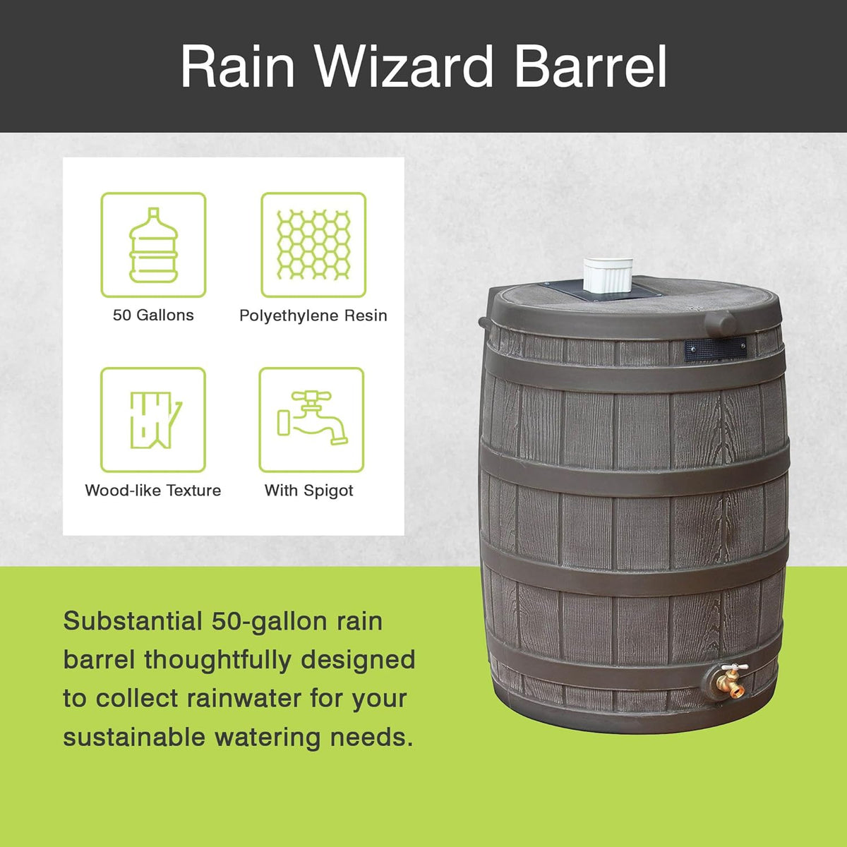 Good Ideas 50 Gallon Large Faux Wood Plastic Rain Water Barrel Collector with Brass Spigot for Rainwater Collection and Storage, Oak, 2 Pack