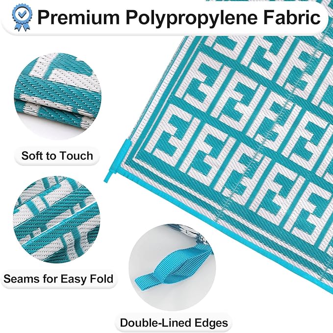 OutdoorLines Outdoor Plastic Area Rugs for Patio 5x8 ft - Reversible Outside Carpet, Stain & UV Resistant RV Mats, Straw Rug for Camping, Deck Garden, Porch and Balcony, Geometry Teal & Light Grey