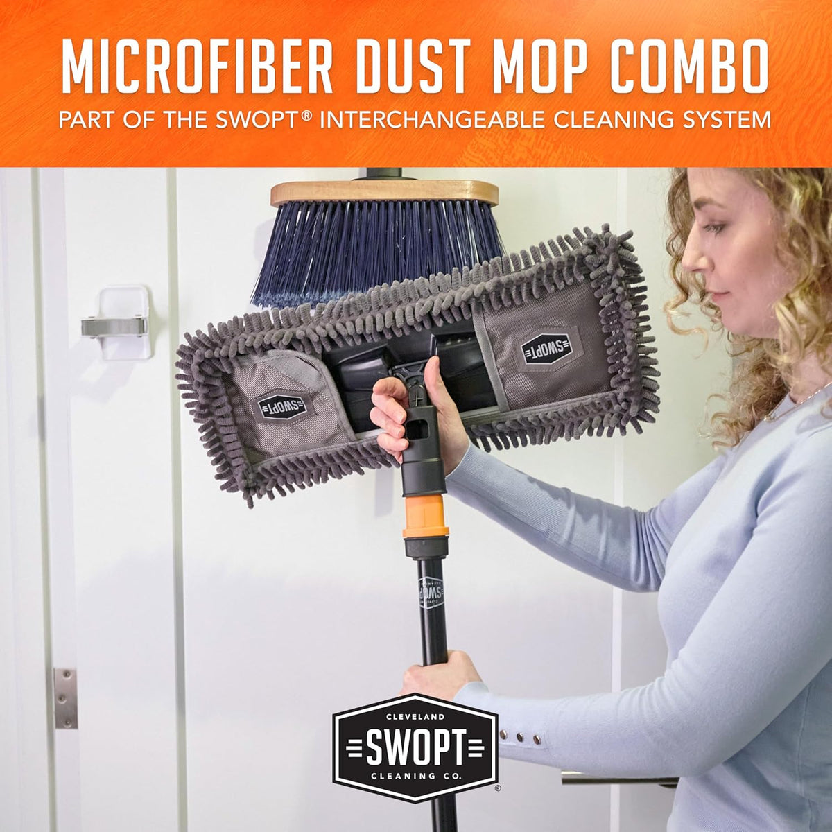 SWOPT 18” Microfiber Dust Mop + 60" Steel Handle, Combo — Dust Mop Head with Long Handle Interchangeable with All SWOPT Cleaning Products — Clean Hard-to-Reach Areas, Machine Washable