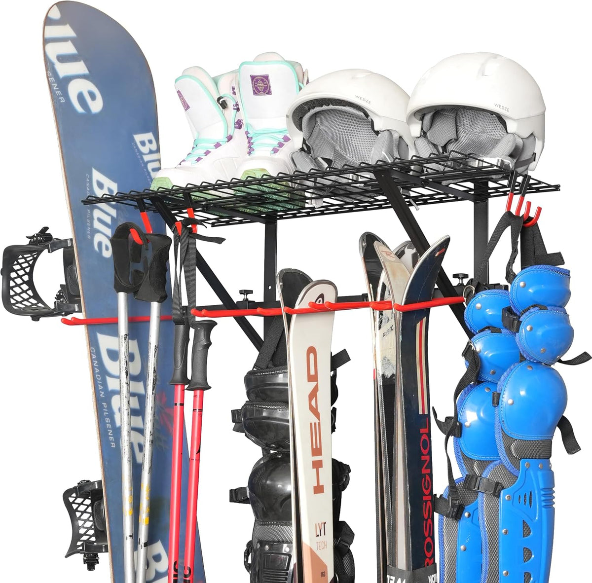 PLKOW Wall-Mounted Ski Rack, Skis Storage Rack for Garage Shed with Top Storage Shelf, Customizable Spacing, Supports Up to 280 lbs, Steel
