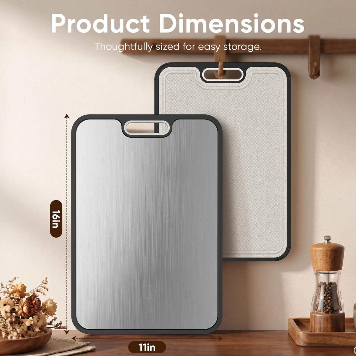 Titanium Cutting Board for Kitchen, Dual-Sided Pure Titanium Surface & Food-Safe PP Chopping Board, Non-Porous, Odor Resistant, Juice Groove, Grinder, Anti-Slip Edges, Easy Clean, 16 x 11 Inch