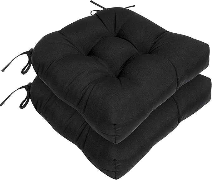 RACE LEAF Outdoor Cushions 19" x 19" Patio Chair Seat Pads, Set of 2 Thick Fill Tufted Square Patio Cushions, Water-Resistant Olefin Chair Seat Cushion with Ties for Non-Slip Support, Black