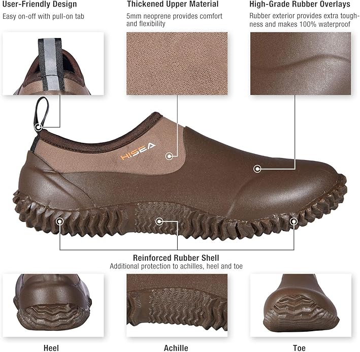 HISEA Unisex Waterproof Garden Shoes, Men's Rubber Rain Boots Women's Ankle Rain Shoes Neoprene Camp Booties Outdoor Slip-On Footwear for Gardening, Farming, Camping, Car Wash, Lawn Care and Yard Work