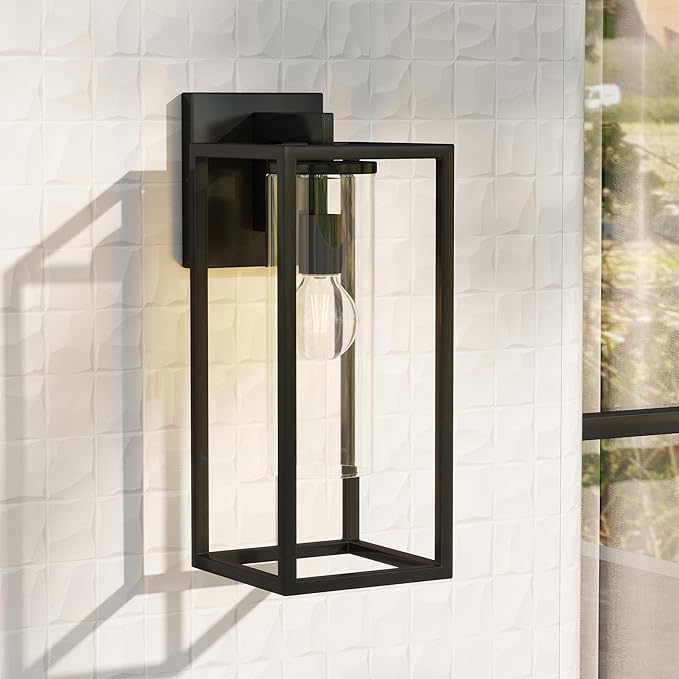 15.7 Inch Outdoor Wall Lights, Outdoor Wall Lantern with Circular Clear Glass Shade, Waterproof Exterior Lighting Fixtures, Modern Front Porch Lighting for House, Garage, E26 Base, ETL Listed, Black