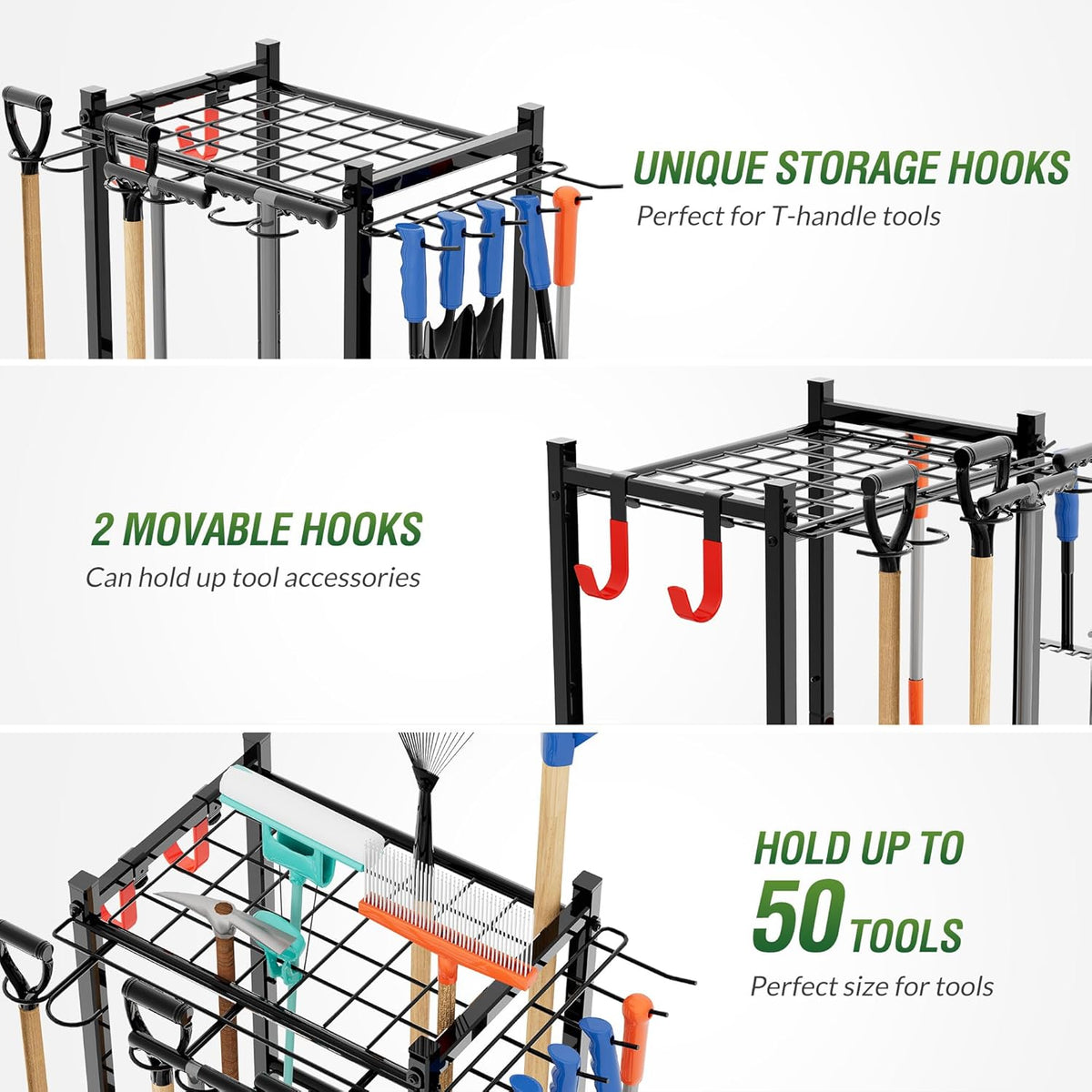 Garden Tool Organizer Rack Up to 50 Tools, Heavy-Duty Steel Yard Tool Organizer for Garage Storage with 11 Hooks, Broom Holder & Garden Tool Rack for Shed, Patio, Outdoor Use, Black