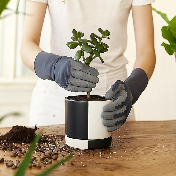 D'vine Dev 4.7 Inch Ceramic Planter Pot with Drainage Hole and Saucer, Indoor Cylinder Round Planter Pot, Split Monochrome Black & White, 94-O-B-0
