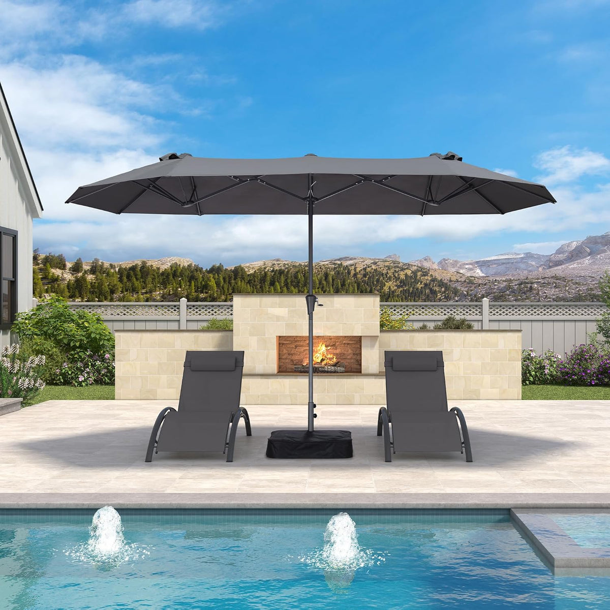 PURPLE LEAF 13ft Double-Sided Patio Umbrella with Base Included Market Rectangle Umbrella Outdoor Table Umbrella with Crank for Pool Garden Deck, Grey