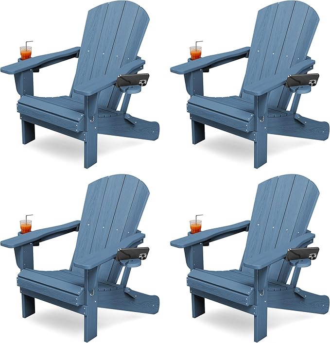 KINGYES Folding Adirondack Chair Set of 4, Dual Cup Holders & All-Weather HDPE, Wood-Like Patio Chair for Backyard, Camping, Pool & Fire Pit, Navy