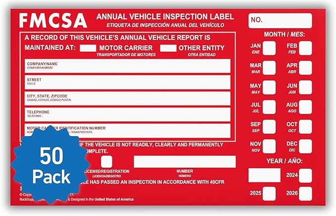 50 Pack Buck Aluminum Annual Vehicle Inspection Label with Punch Boxes, 2 Mil Red FMCSA Self Adhesive Sticker, DOT Compliant, Weatherproof, Tear Resistant, Easy to Write On, 6" x 3.5" - Made in USA