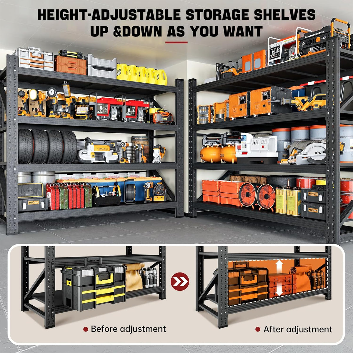 3000LBS Storage Shelves,48" W Garage Shelving Heavy Duty Metal Adjustable Garage Shelves, Shelving Units Industrial Shelving for Warehouse,48" W x 24" D x 69" H,Black