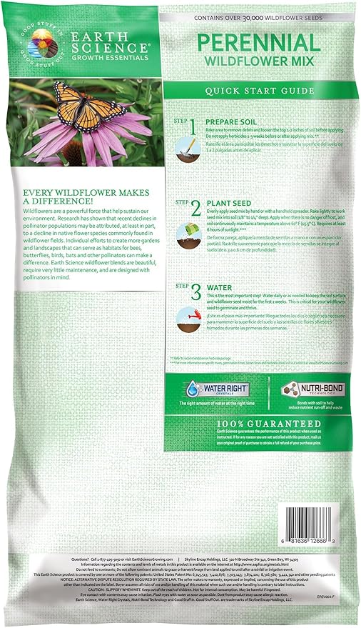 Earth Science Perennial Wildflower Mix - 3-in-1 Formula with Premium Wildflower Seeds—6 lb— Plant Food and Soil Conditioners - Non-GMO, Natural Ingredients