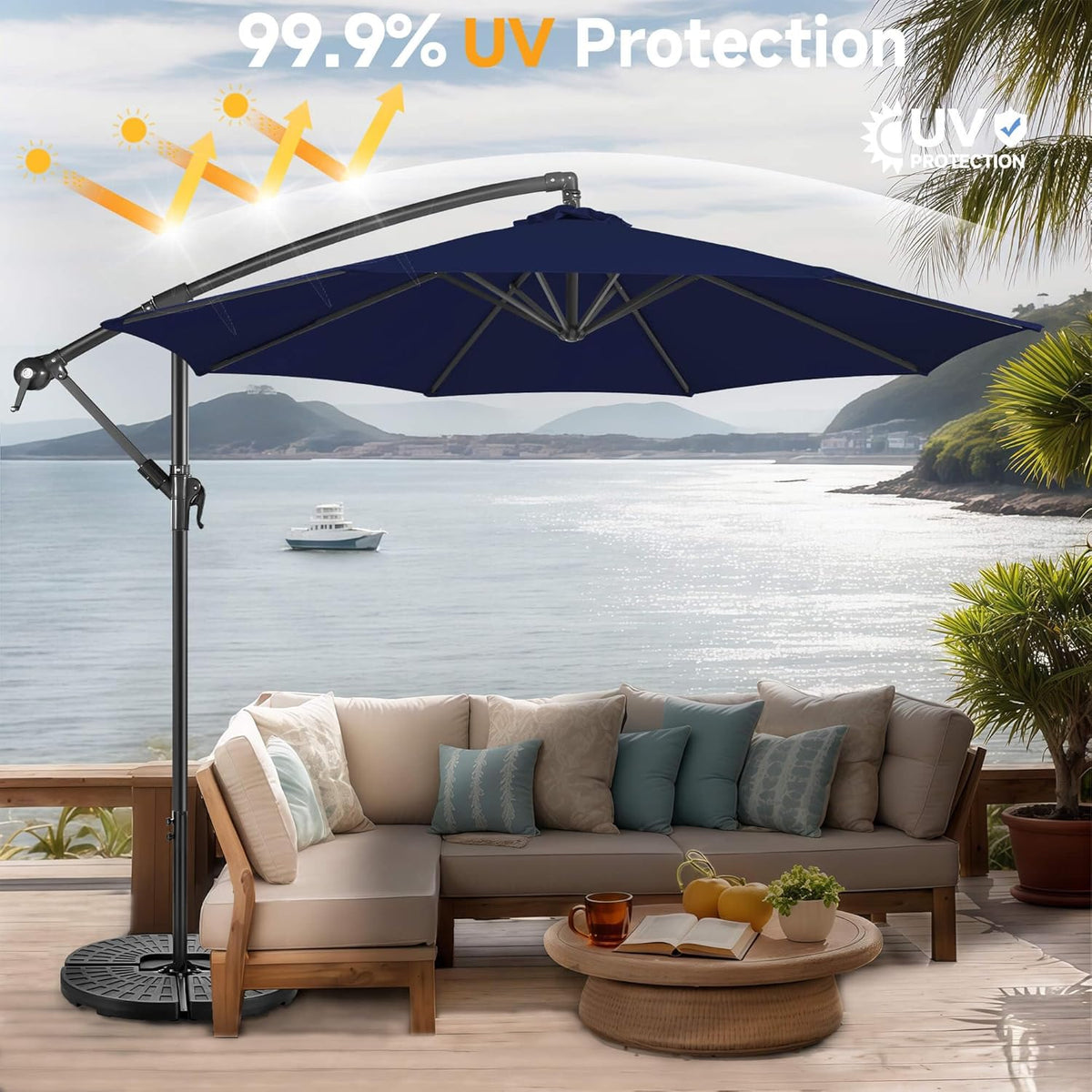 FLAME&SHADE 10ft Cantilever Patio Umbrella Outdoor, Large Offset Umbrella with Crank and Cross Base, UPF 50+ UV Protection Hanging Umbrella for Pool Deck Garden, Navy Blue