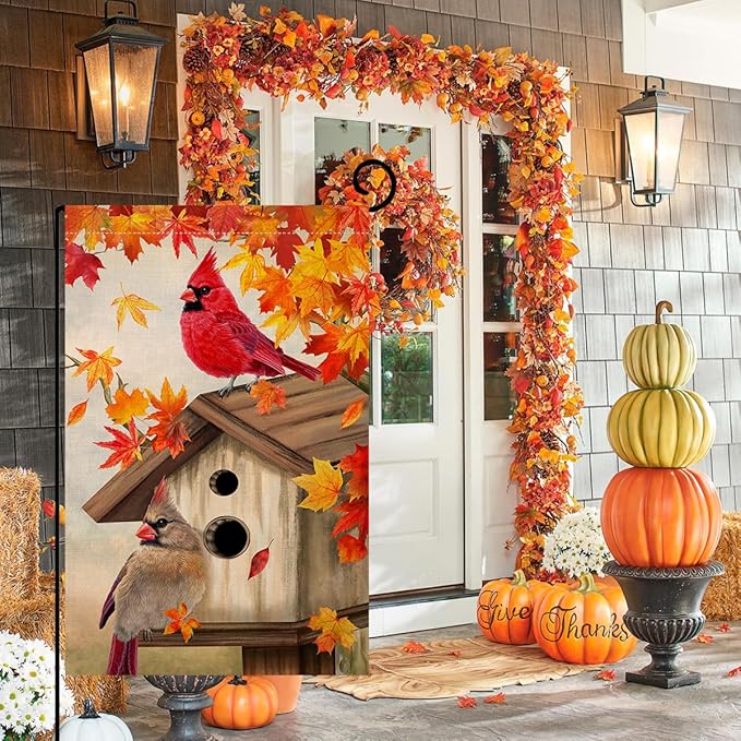 BLKWHT Fall Cardinal Bird Garden Flag 12x18 Vertical Double Sided Maple Leaves Welcome Autumn Thanksgiving Holiday Outside Decorations Burlap Yard Flag BW829