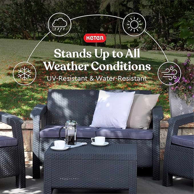 Keter Corfu 4 Piece Set All Weather Outdoor Patio Garden Furniture with Cushions, Charcoal