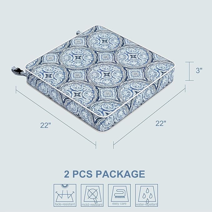 LVTXIII Patio Chair Cushions 22"x22"x3", Water-Repellent Outdoor Seat Cushions for Patio Furniture, Square Chair Pads with Ties for Home Garden Decoration, Set of 2, Medallion Blue