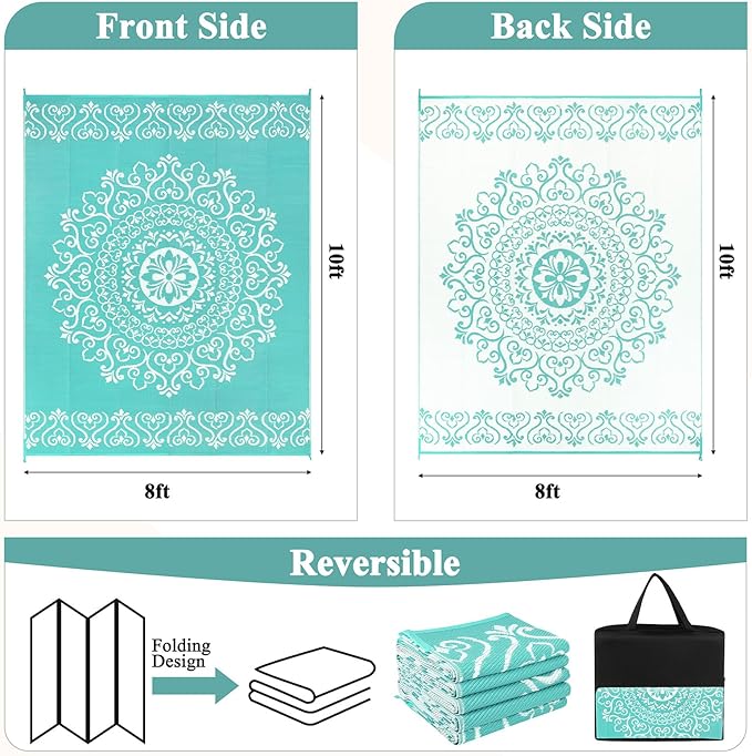 Pauwer Waterproof Outdoor Rug 8x10, Reversible Plastic Straw Patio Camping Rug, Indoor Outdoor RV Mat Carpet for Deck, Camper, Porch, Balcony, Backyard, Picnic, Floral Light Blue