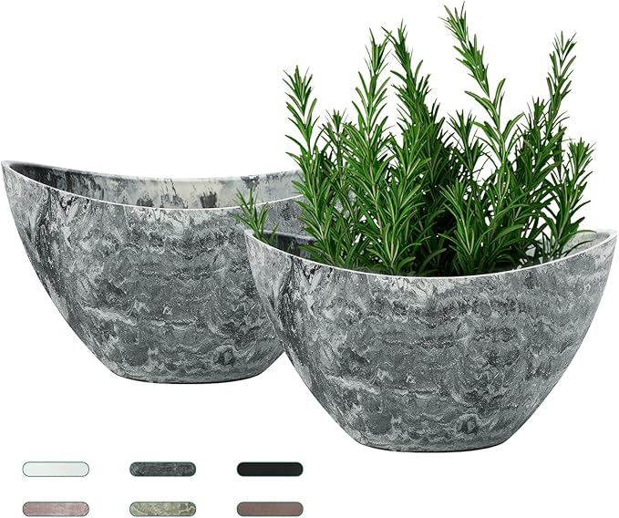 LaDoVita Plant Pots with Drainage Holes, 12 Inch Large Planters for Indoor Plants, Plastic Flower Pots Outdoor, 2 Pack, Marble Pattern Grey